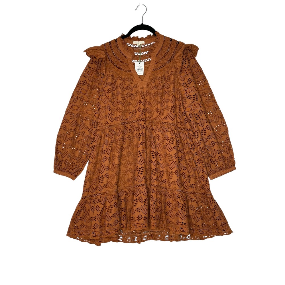 NWT AE77 Womens Dress Small Eyelet‎ Tiered Ruffle Cottagecore Mini Boho Brown
